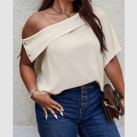 Luxe plus size cream asymmetrical neck blouse - Picture 1 of 11